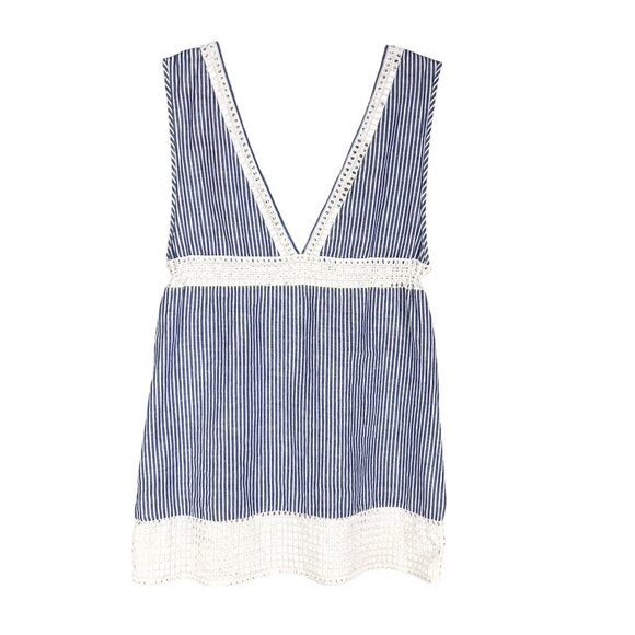 J Crew Women M 60% Linen Swim Dress Striped Eyelet Lace Tassel Drawstring Beachy - Picture 8 of 14